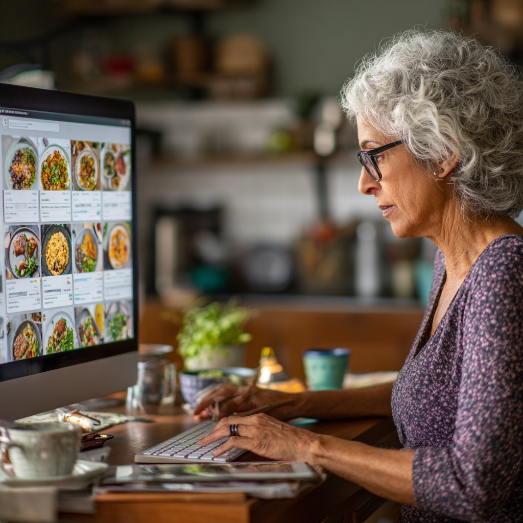 Жінка 58 років переглядає персональний план харчування з різноманітними стравами на екрані комп'ютера