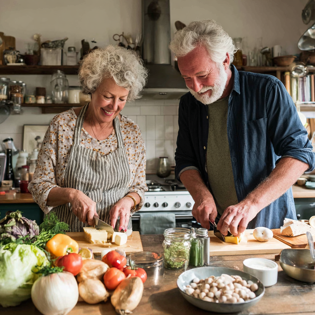 Пара 52 та 60 років готує здорову їжу разом на кухні за рецептами з frebantor